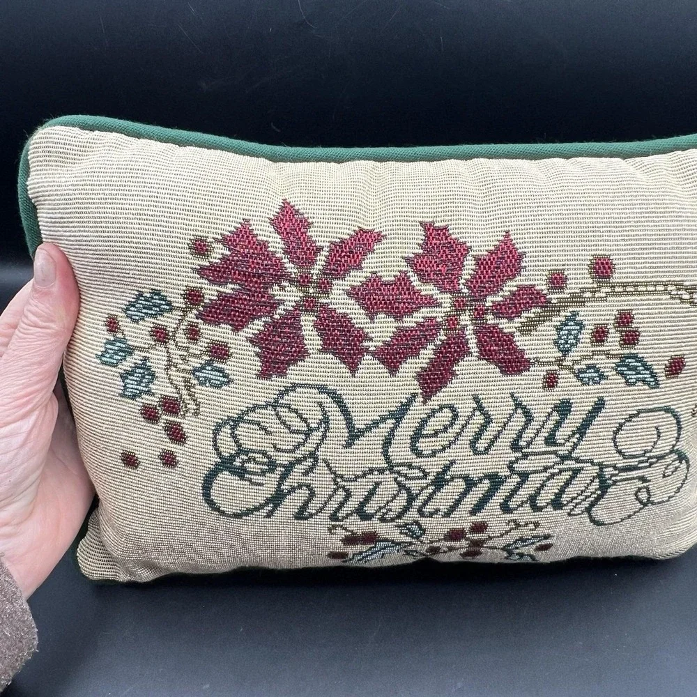 Vintage Merry Christmas Needlepoint Tapestry Throw Pillow Decor Holiday 12x9